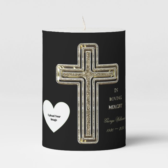 In Loving Memory Golden Cross Add Photo Pillar Candle (Front)
