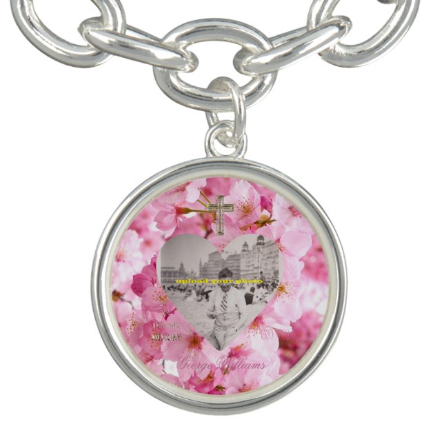 In Loving Memory Golden Cross Heart Shape Photo Bracelet (Design)