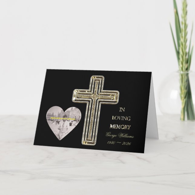 In Loving Memory Golden Cross Heart Shape Photo Holiday Card (Front)
