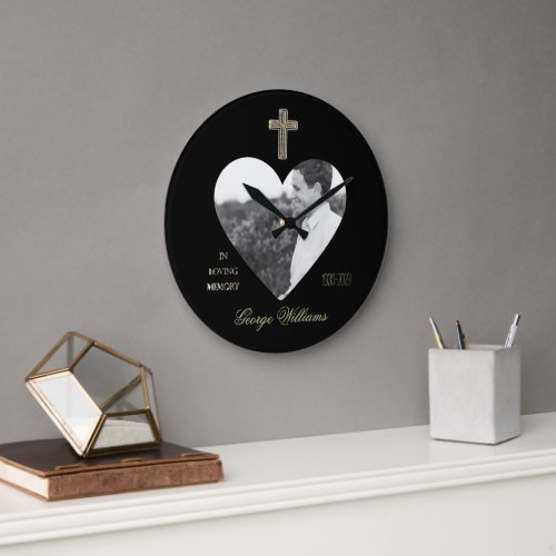 In Loving Memory Golden Cross Heart Shape Photo Large Clock