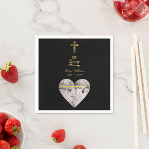 In Loving Memory Golden Cross Heart Shape Photo Napkins