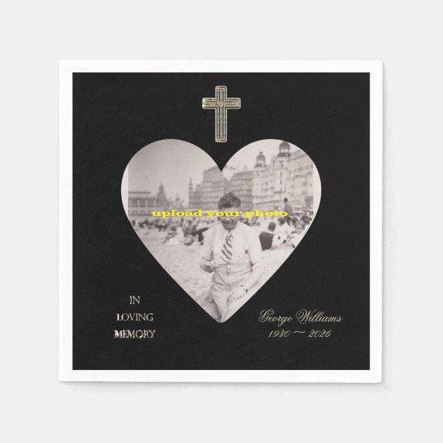 In Loving Memory Golden Cross Heart Shape Photo Napkins (Front)