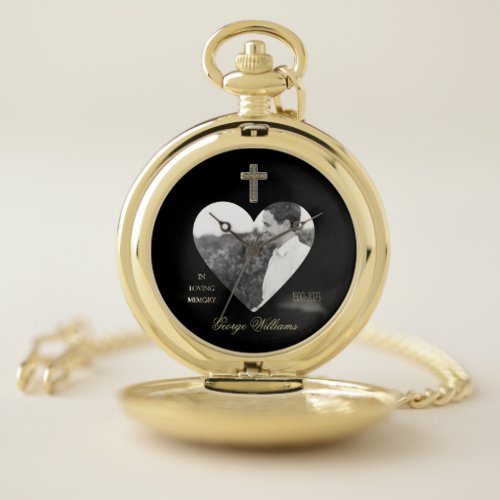 In Loving Memory Golden Cross Heart Shape Photo Pocket Watch