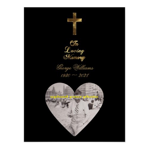 In Loving Memory Golden Cross Heart Shape Photo Poster