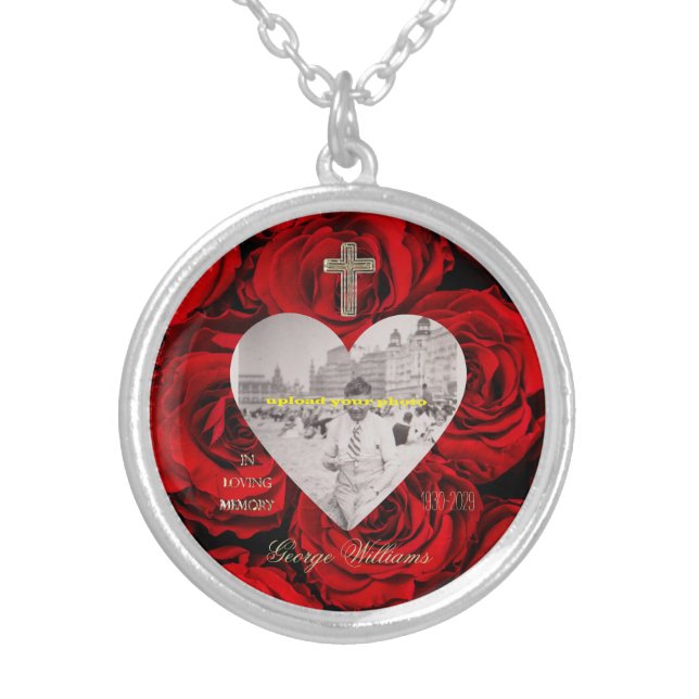 In Loving Memory Golden Cross Heart Shape Photo Silver Plated Necklace (Front)