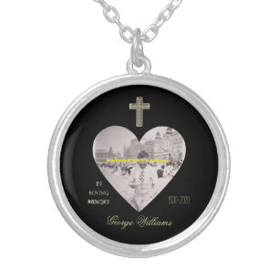 In Loving Memory Golden Cross Heart Shape Photo Silver Plated Necklace