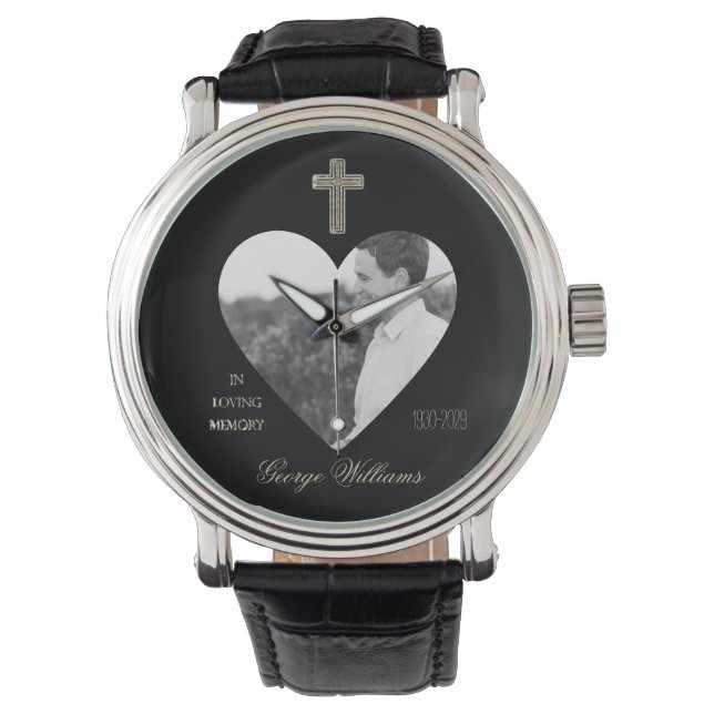 In Loving Memory Golden Cross Heart Shape Photo Watch (Front)