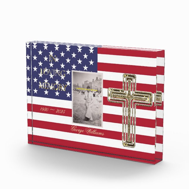 In Loving Memory Golden Cross Photo Patriotic USA Acrylic Award (Right)