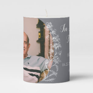 In Loving Memory Gray Vintage Flower Illustration Pillar Candle