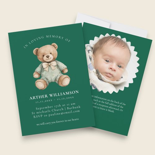 In loving memory green teddy child funeral invitation