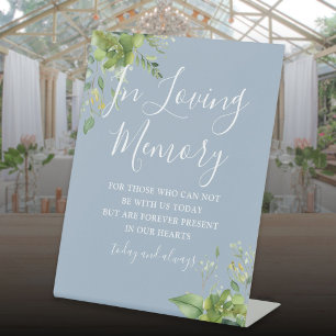 In Loving Memory Greenery Dusty Blue Wedding Pedestal Sign