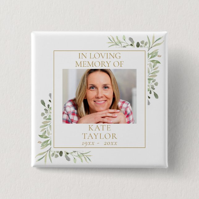  In Loving Memory Greenery Funeral Photo Button (Front)