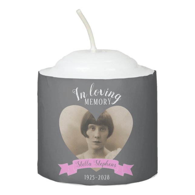 In loving memory heart pink ribbon photo candle (Front)
