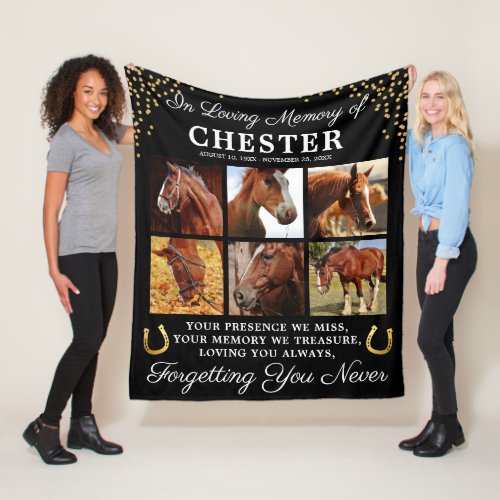 In Loving Memory Horse Fleece Blanket - Personalized horse photo fleece blanket featuring 6 precious pictures of your beloved pet animal, gold horseshoes & glitter, the text "in loving memory of", your horses name, birth/death dates, and the sympathy quote "your presence we miss, your memory we treasure, loving you always, forgetting you never".