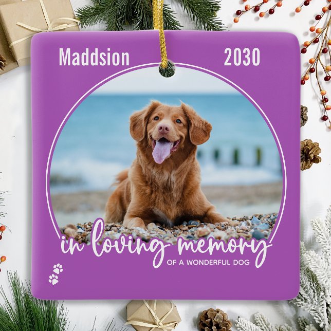 In Loving Memory Lilac Dog Photo Pet Memorial Ceramic Ornament (Creator Uploaded)