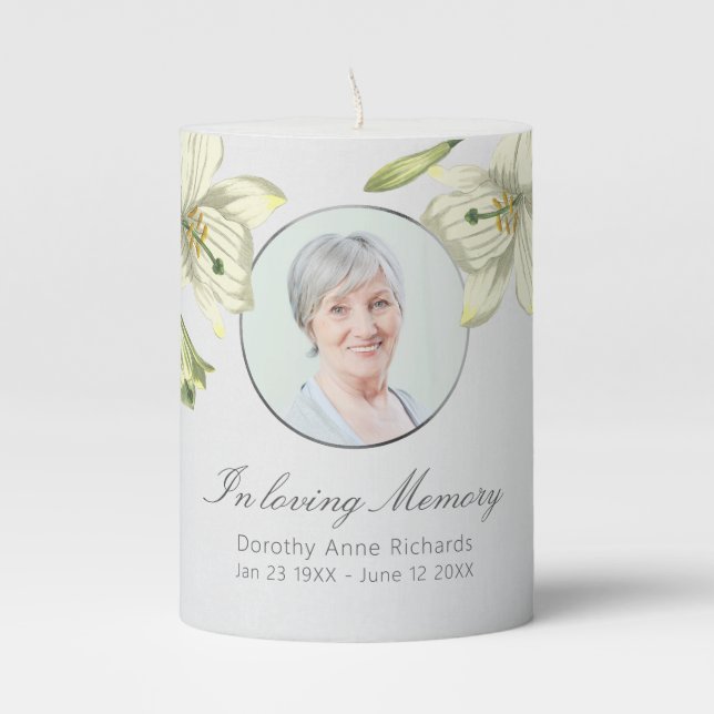 In loving Memory Lilies Photo Funeral Memorial Pillar Candle (Front)