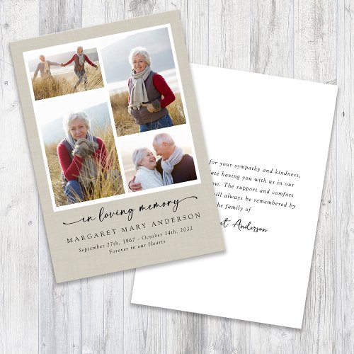 In Loving Memory Linen Photos Funeral Sympathy Thank You Card