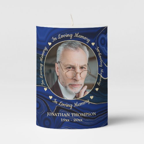 In Loving Memory Marble Blue Agate Memorial Photo Pillar Candle