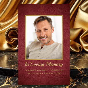 In Loving Memory Maroon Gold Photo Funeral Card