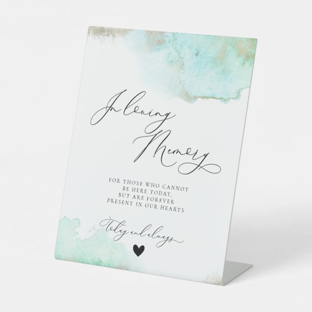 In Loving Memory Memorial Beach Teal Gold Wedding Pedestal Sign (Front)