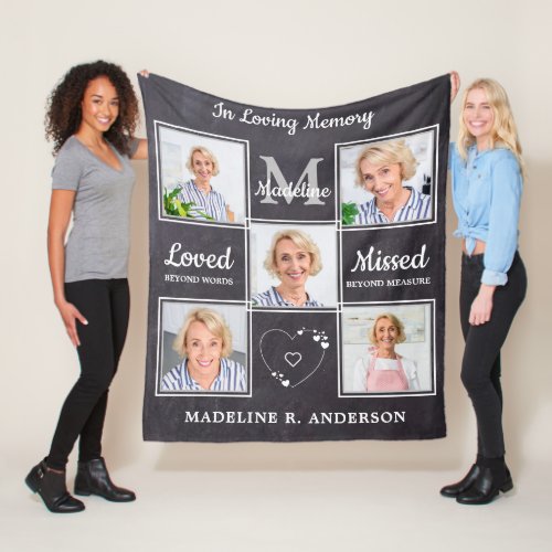 In Loving Memory Memorial Keepsake Photo Collage Fleece Blanket - Honor your loved one with a custom unique memorial blanket in a rustic chalkboard slate design  This memorial photo collage blanket is the perfect gift for yourself, family or friends to honor those loved . 
 We hope your memorial in loving memory blanket will bring you joy , peace , and happy memories . 
 Quote " In Loving Memory.. Loved beyond words , Missed beyond measure. " 
 See 'personalize this template' to change photos, monogram initial, and name, dates .COPYRIGHT © 2020 Judy Burrows, Black Dog Art - All Rights Reserved. In Loving Memory Photo Collage Memorial Fleece Blanket