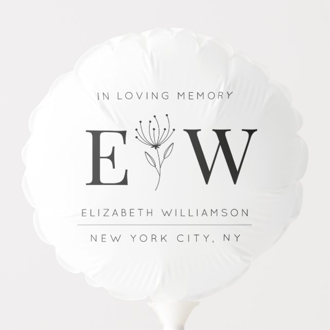 In Loving Memory Memorial Modern Monogram Foliage Balloon (Front)