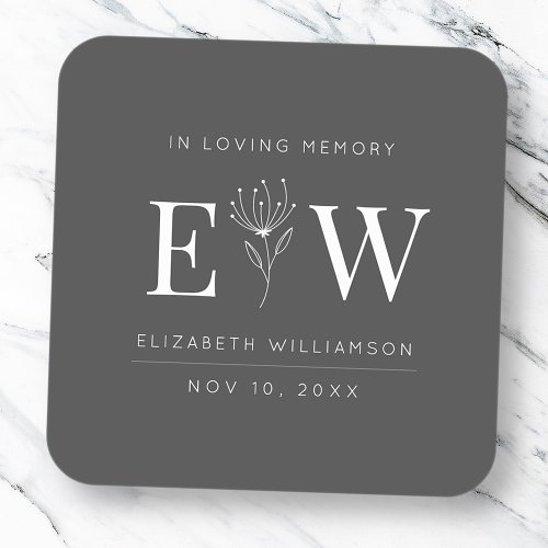 In Loving Memory Memorial Modern Monogram Foliage Square Sticker