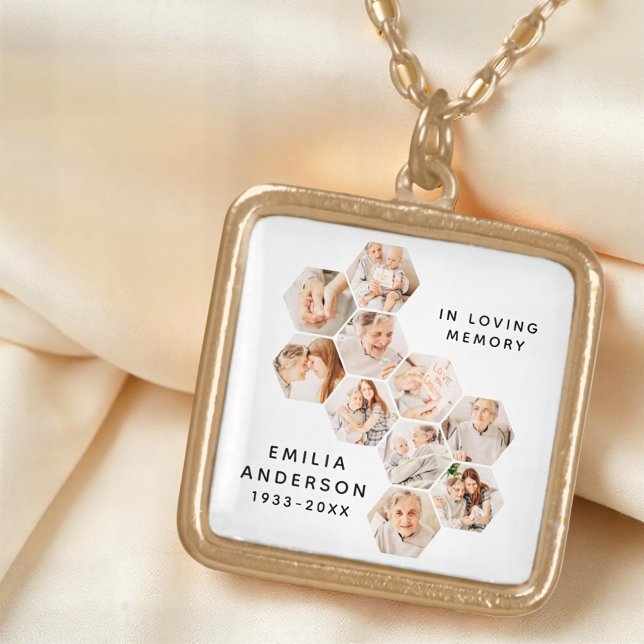 In Loving Memory Memorial Modern Photo Collage Gold Plated Necklace (Creator Uploaded)