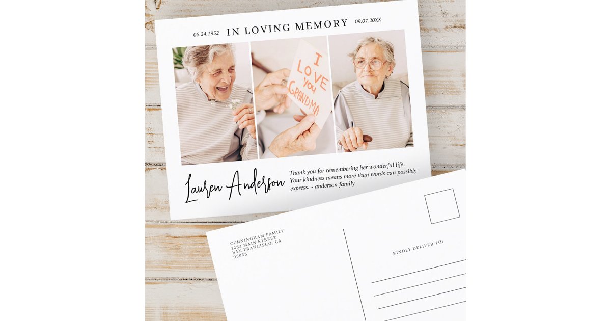 In Loving Memory Memorial Modern Simple 3 Photo Postcard | Zazzle