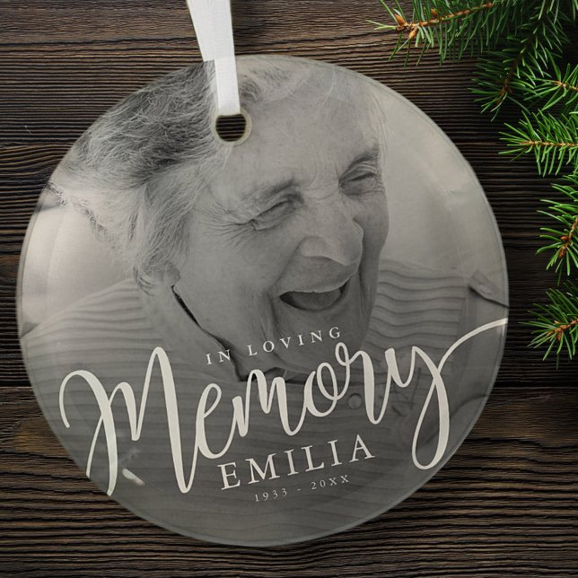 In Loving Memory Memorial Modern Simple Photo Glass Ornament (Creator Uploaded)