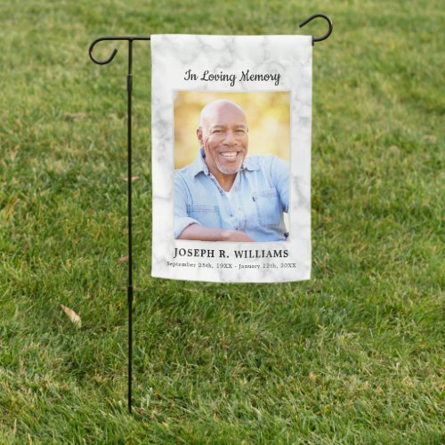 In Loving Memory Memorial Photo Cemetery Garden Flag - In Loving Memory custom memorial garden flag in a modern white marble design. This unique photo memorial garden flag is the perfect gift for yourself, family or friends to honor those loved . 
This memorial garden flag is perfect for a grave stone flag, cemetery graves or marker flag. Celebration of Life.
 Quote " In Loving Memory." " 
 See 'personalize this template' to change photos, and name, dates .COPYRIGHT © 2020 Judy Burrows, Black Dog Art - All Rights Reserved. In Loving Memory Memorial Photo Cemetery Garden Flag