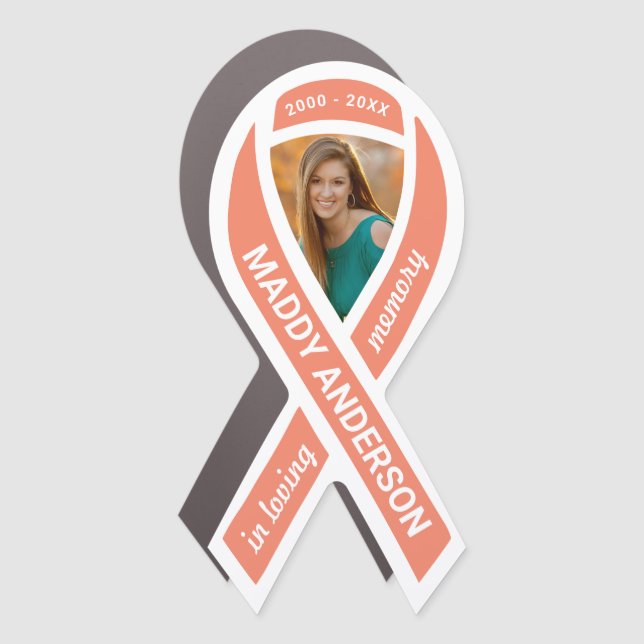 In Loving Memory Memorial Photo Coral Ribbon Car Magnet (Front)