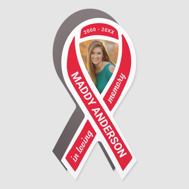 In Loving Memory Memorial Photo Red Ribbon Car Magnet (Front)