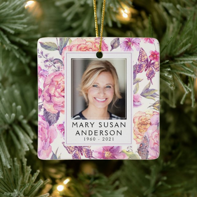 In Loving Memory Memorial Pink Floral Keepsake Ceramic Ornament (Tree)