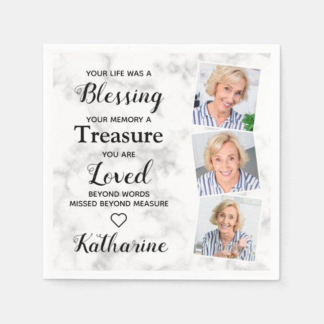 In Loving Memory Memorial Sympathy 3 Photo Funeral Napkins (Front)