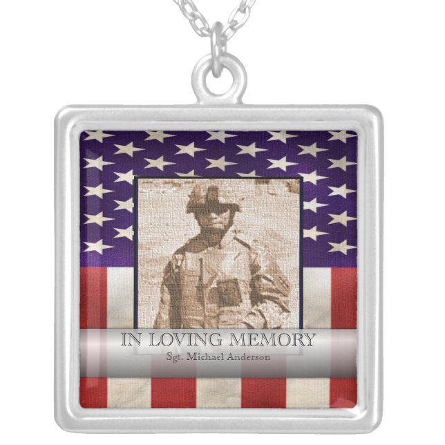 In Loving Memory Military Photo Personalized Silver Plated Necklace (Front)