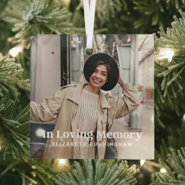 In Loving Memory Modern Custom Photo Memorial Glass Ornament (Insitu)