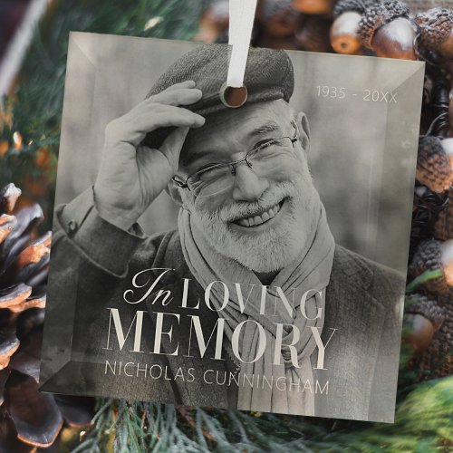 In Loving Memory Modern Elegant Photo Memorial Glass Ornament