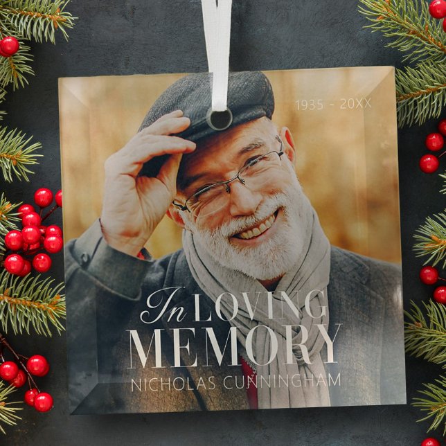 In Loving Memory Modern Elegant Photo Memorial Glass Ornament (Creator Uploaded)