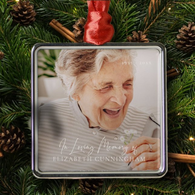 In Loving Memory Modern Elegant Photo Memorial Metal Ornament (Creator Uploaded)