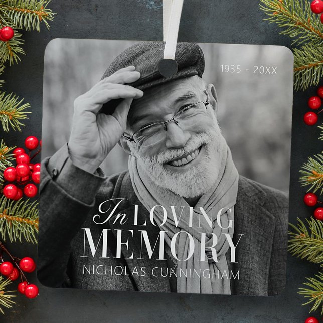 In Loving Memory Modern Elegant Photo Memorial Metal Ornament (Creator Uploaded)