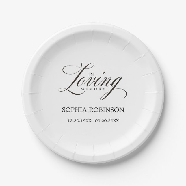 In Loving Memory Modern Elegant Script Funeral  Paper Plates (Front)