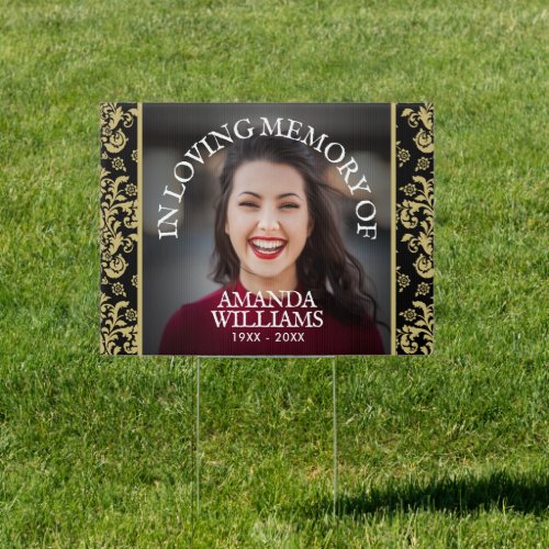 In Loving Memory Modern Gold Black Floral Damask Sign