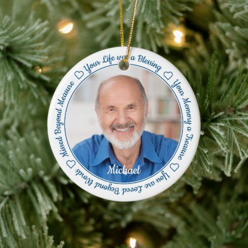 In Loving Memory Modern Memorial Custom 2 Photo Ceramic Ornament - Honor your loved one with a custom photo memorial ornament. This unique memorial ornament keepsake is the perfect gift for yourself, family or friends to pay tribute to your loved one. This unique memorial ornament features a simple black and white design with decorative script.
Quote "Your Life was a Blessing, Your Memory a Treasure, You are Loved Beyond Words, Missed Beyond Measure".
Customize with favorite photos, name and date. Ornament is double sided, you can do 2 favorite photos, one on each side. Personalize name on the front, and dates on the back.
COPYRIGHT © 2020 Judy Burrows, Black Dog Art - All Rights Reserved. In Loving Memory Modern Memorial Custom 2 Photo Ceramic Ornament