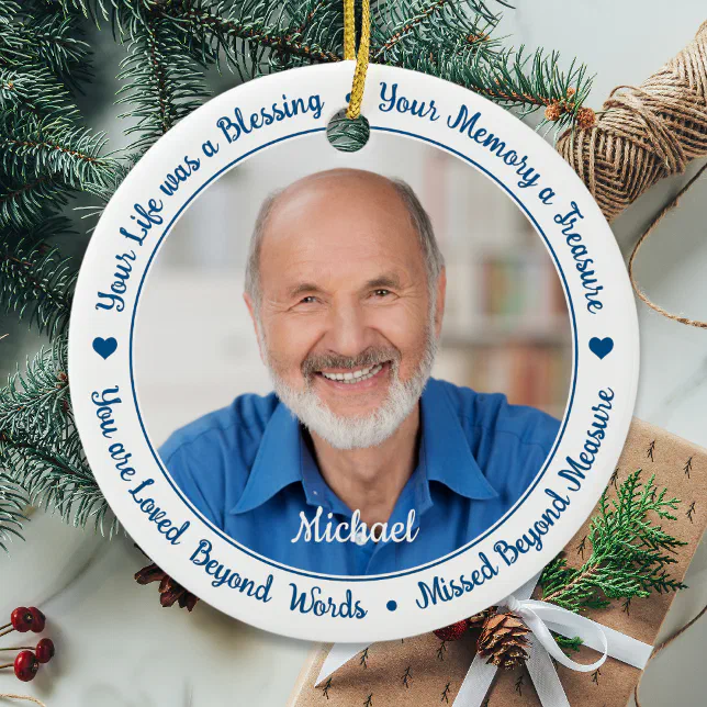 In Loving Memory Modern Memorial Custom 2 Photo Ceramic Ornament | Zazzle