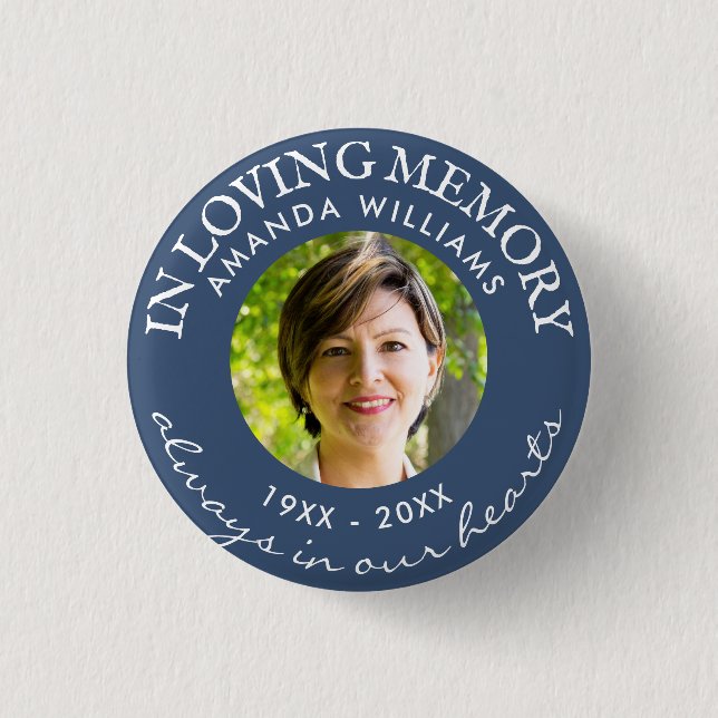 In Loving Memory Modern Navy Blue Photo Memorial Button (Front)