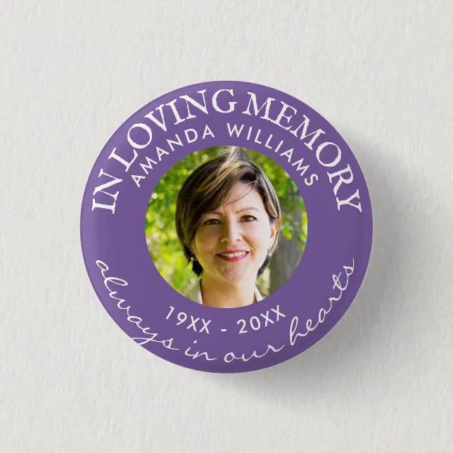 In Loving Memory Modern Purple Photo Memorial Button | Zazzle