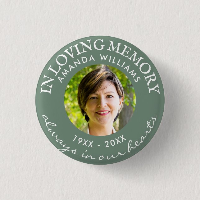 In Loving Memory Modern Sage Green Photo Memorial Button (Front)