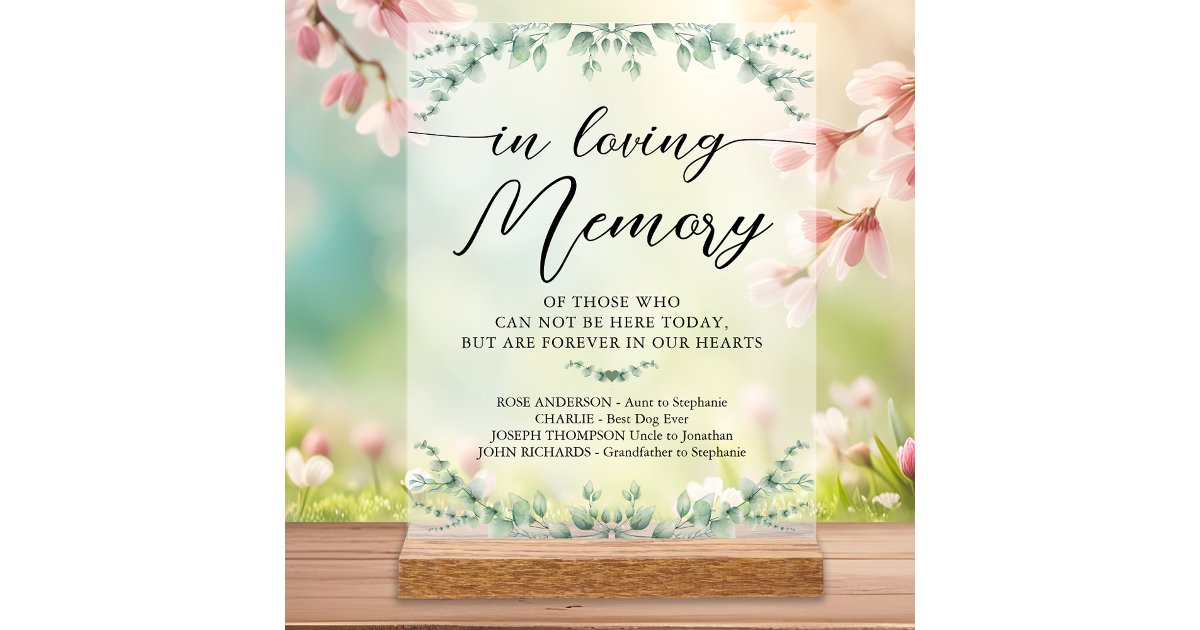 In Loving Memory Modern Wedding Greenery Memorial Acrylic Sign | Zazzle