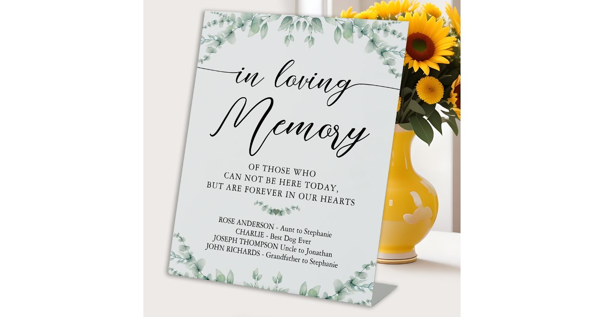 In Loving Memory Modern Wedding Greenery Memorial Pedestal Sign | Zazzle
